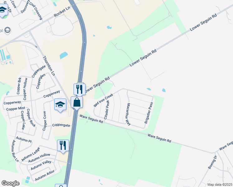 map of restaurants, bars, coffee shops, grocery stores, and more near 7722 Brisbane Bend in Converse