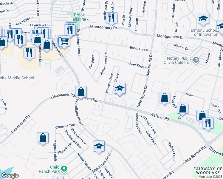 map of restaurants, bars, coffee shops, grocery stores, and more near 7510 Oak Chase in San Antonio