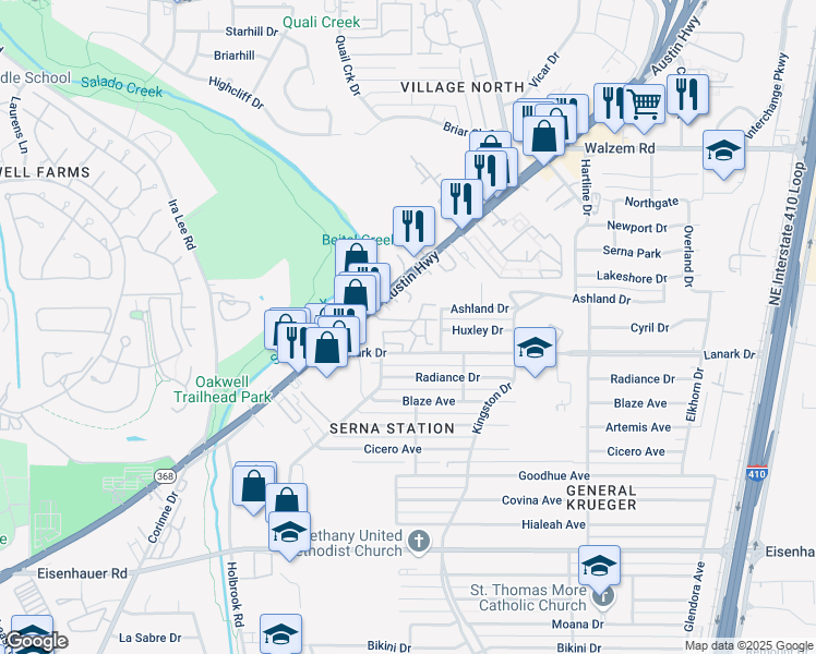 map of restaurants, bars, coffee shops, grocery stores, and more near 233 Lanark Drive in San Antonio
