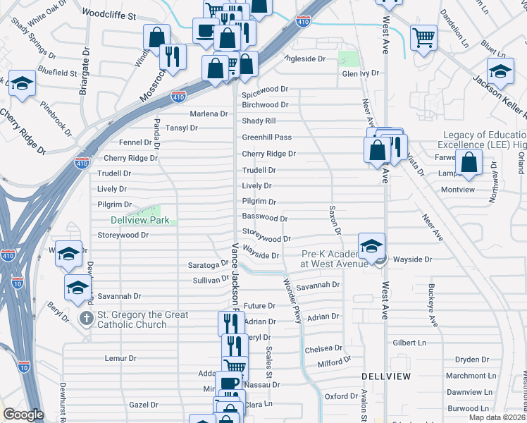 map of restaurants, bars, coffee shops, grocery stores, and more near 102 Deneice Drive in San Antonio