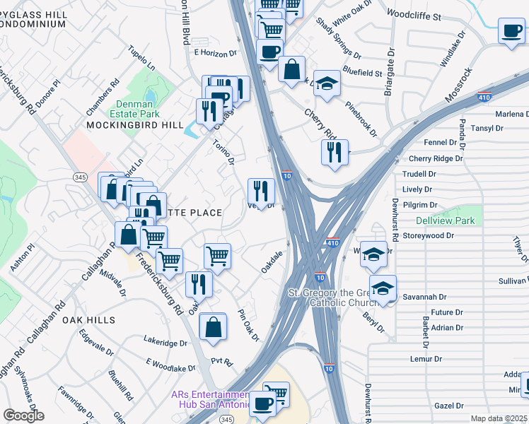 map of restaurants, bars, coffee shops, grocery stores, and more near 7530 Interstate 10 in San Antonio