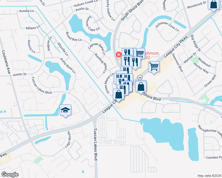 map of restaurants, bars, coffee shops, grocery stores, and more near 1313 Bayport Lane in League City