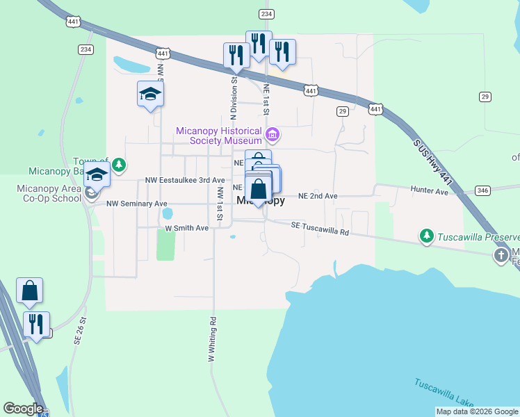 map of restaurants, bars, coffee shops, grocery stores, and more near 151 Northeast Ocala Avenue in Micanopy