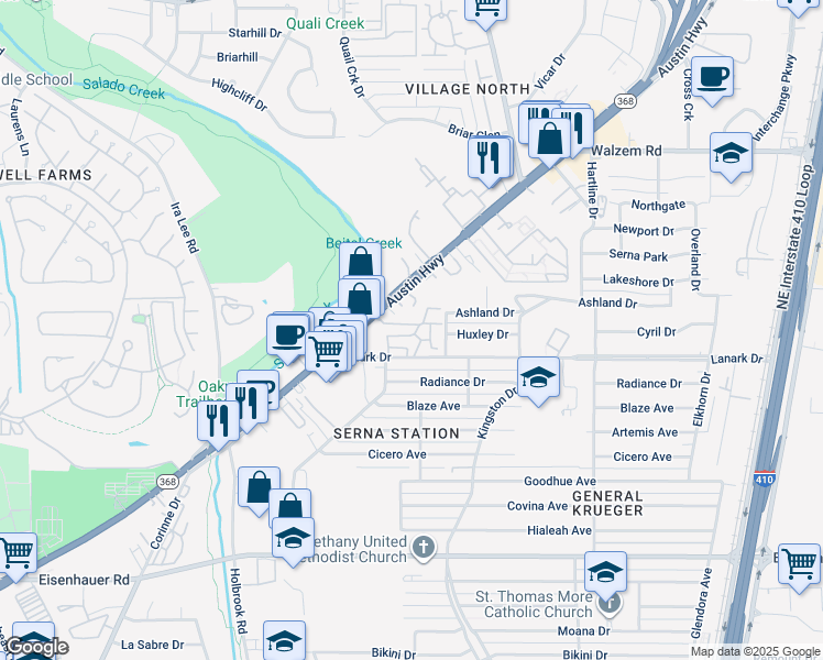 map of restaurants, bars, coffee shops, grocery stores, and more near 233 Lanark Drive in San Antonio