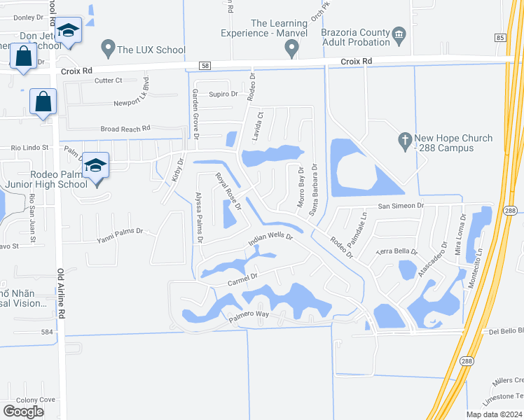 map of restaurants, bars, coffee shops, grocery stores, and more near 129 Rodeo Drive in Manvel