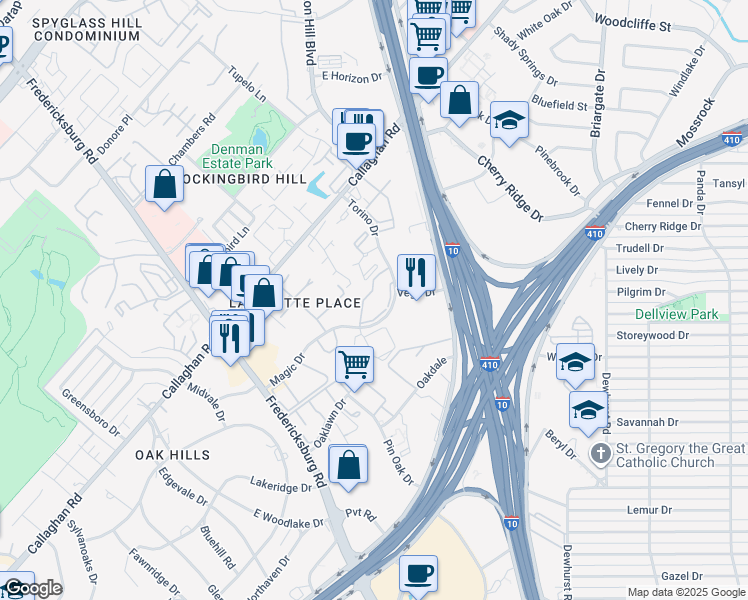 map of restaurants, bars, coffee shops, grocery stores, and more near 9 Torino Drive in San Antonio