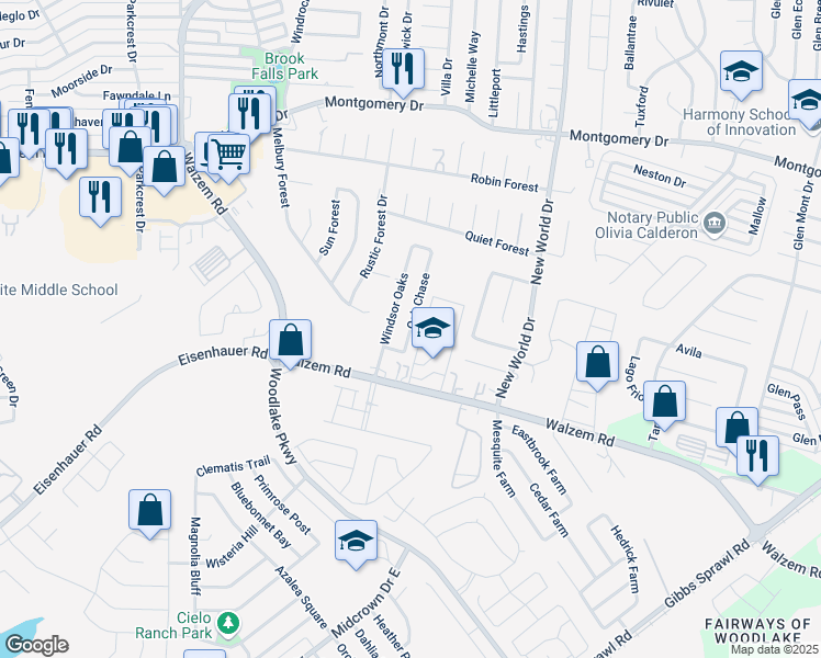 map of restaurants, bars, coffee shops, grocery stores, and more near 7572 Oak Chase in San Antonio
