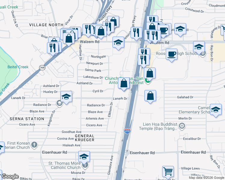 map of restaurants, bars, coffee shops, grocery stores, and more near 1014 Elkhorn Drive in San Antonio