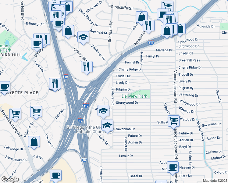 map of restaurants, bars, coffee shops, grocery stores, and more near 594 Lively Drive in San Antonio