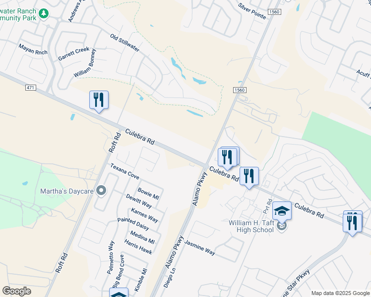 map of restaurants, bars, coffee shops, grocery stores, and more near 11923 Culebra Road in San Antonio