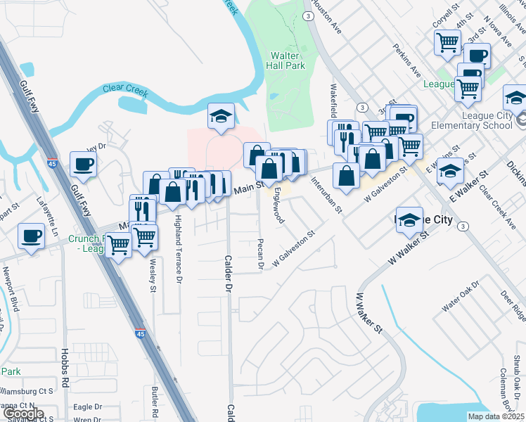 map of restaurants, bars, coffee shops, grocery stores, and more near 200 Pecan Drive in League City