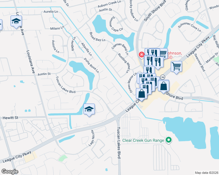 map of restaurants, bars, coffee shops, grocery stores, and more near 1371 San Remo Lane in League City