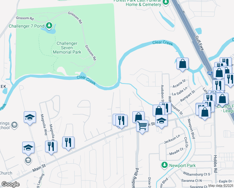 map of restaurants, bars, coffee shops, grocery stores, and more near 380 Amber Lane in League City