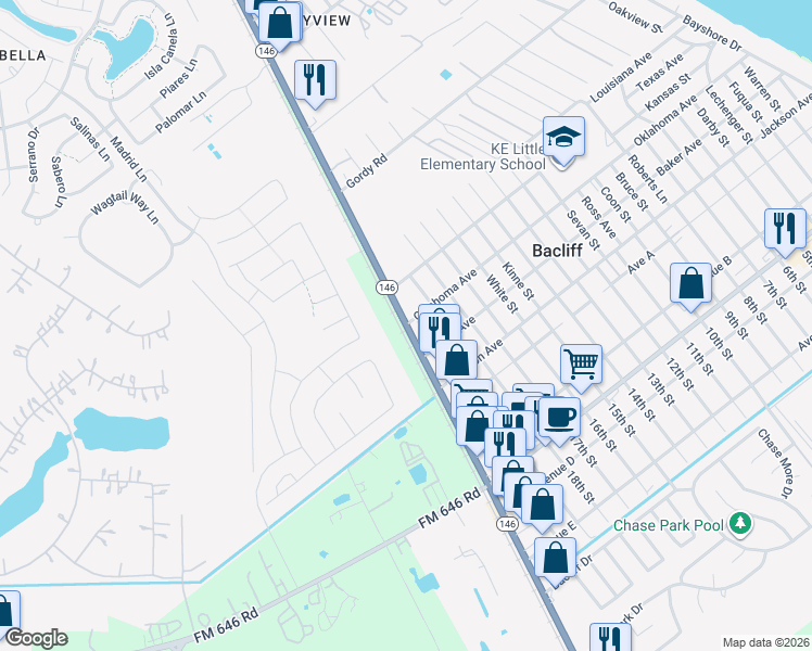 map of restaurants, bars, coffee shops, grocery stores, and more near 4099 Texas 146 in Bacliff