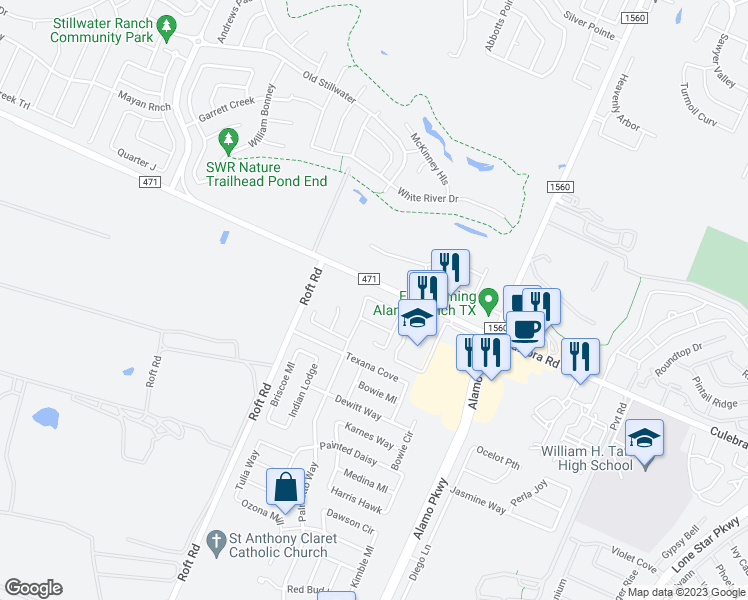 map of restaurants, bars, coffee shops, grocery stores, and more near Sugarberry Way in San Antonio