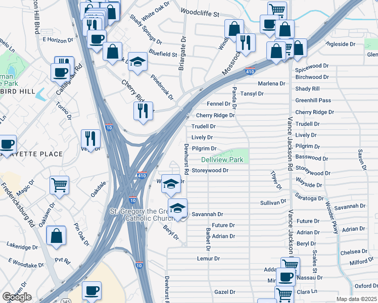 map of restaurants, bars, coffee shops, grocery stores, and more near 594 Lively Drive in San Antonio