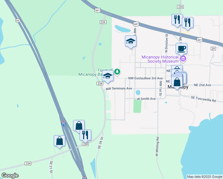 map of restaurants, bars, coffee shops, grocery stores, and more near 802 Northwest Seminary Avenue in Micanopy