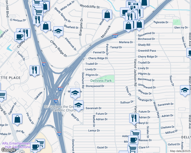 map of restaurants, bars, coffee shops, grocery stores, and more near 618 Pilgrim Drive in San Antonio