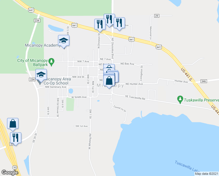 map of restaurants, bars, coffee shops, grocery stores, and more near 118 Northeast Cholokka Boulevard in Micanopy
