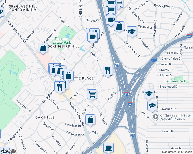 map of restaurants, bars, coffee shops, grocery stores, and more near 9 Torino Drive in San Antonio
