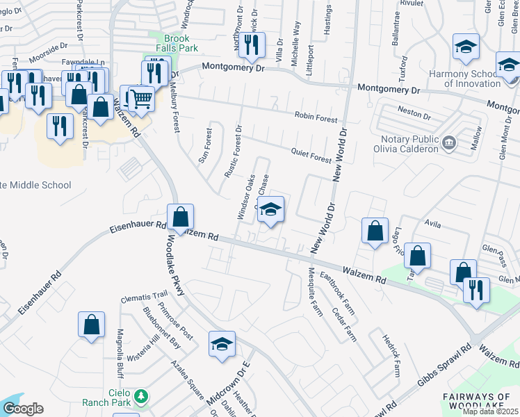 map of restaurants, bars, coffee shops, grocery stores, and more near 7572 Oak Chase in San Antonio
