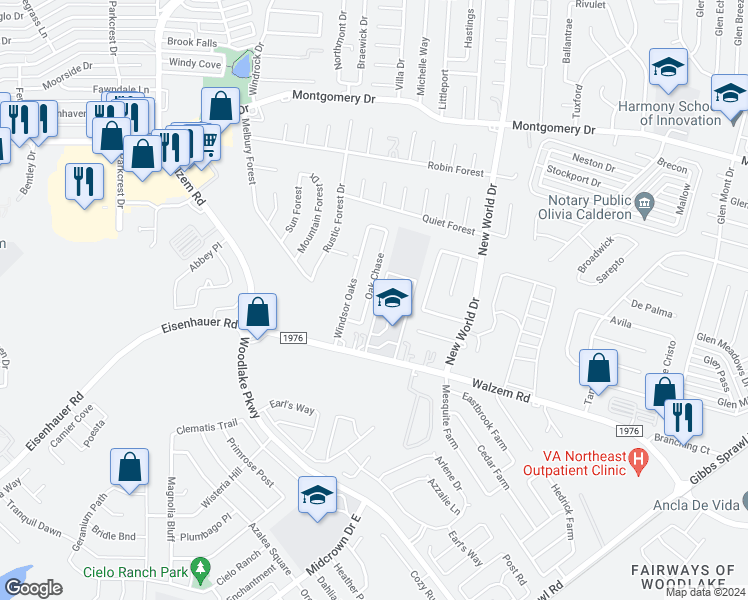 map of restaurants, bars, coffee shops, grocery stores, and more near 7572 Oak Chase in San Antonio
