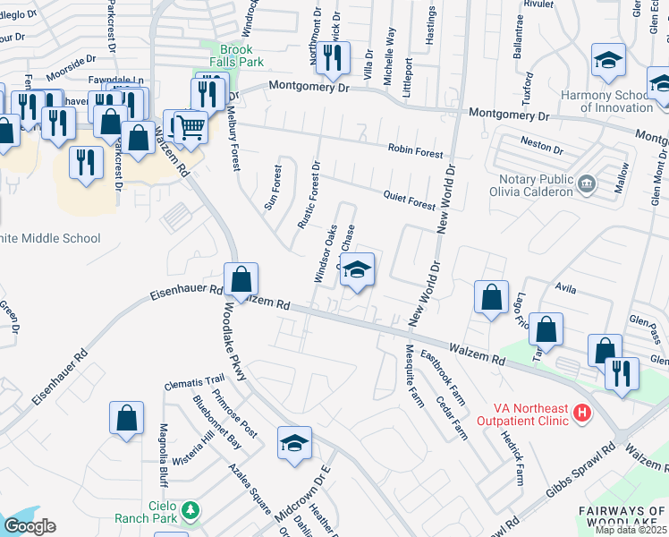 map of restaurants, bars, coffee shops, grocery stores, and more near 7572 Oak Chase in San Antonio