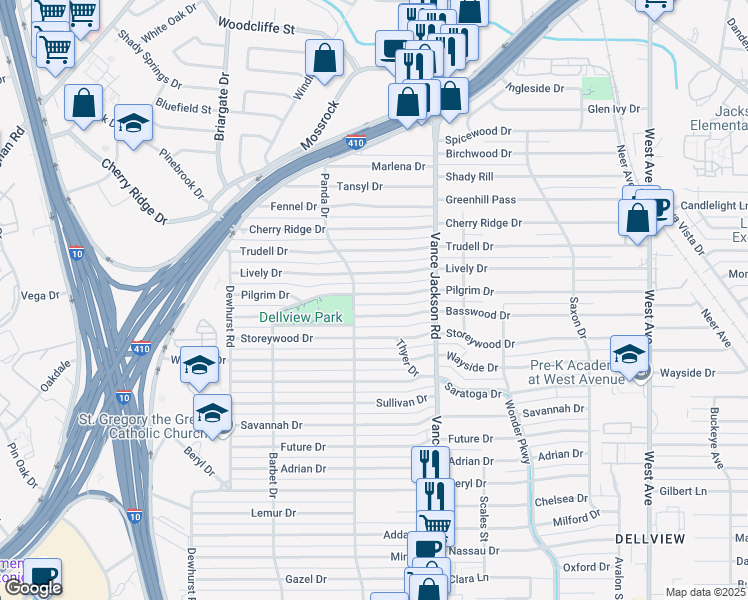 map of restaurants, bars, coffee shops, grocery stores, and more near 451 Pilgrim Drive in San Antonio