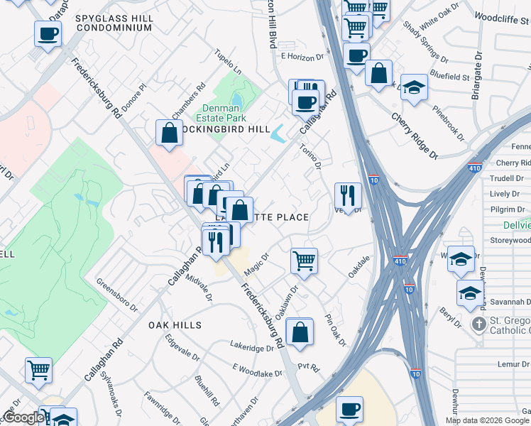 map of restaurants, bars, coffee shops, grocery stores, and more near 7600 Callaghan Road in San Antonio
