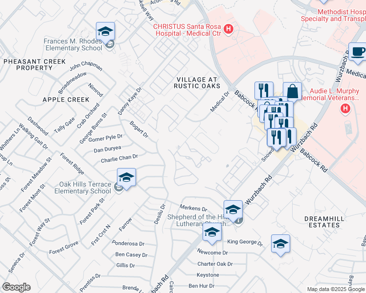 map of restaurants, bars, coffee shops, grocery stores, and more near 5542 Tomas Circle in San Antonio