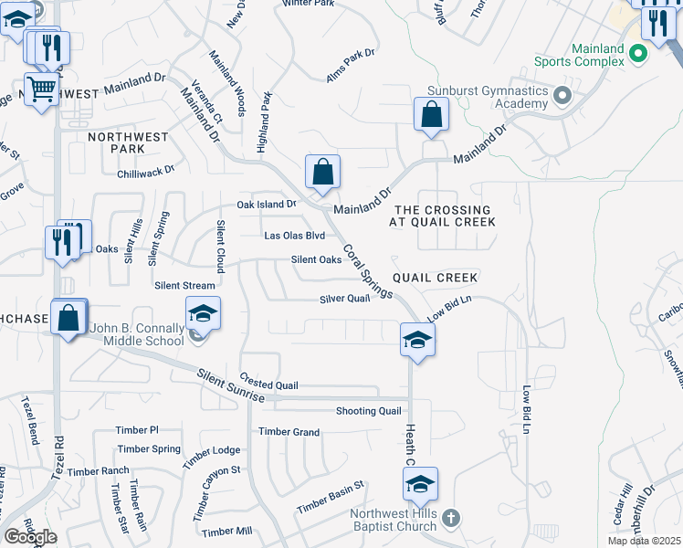 map of restaurants, bars, coffee shops, grocery stores, and more near 8618 Silent Oaks in San Antonio