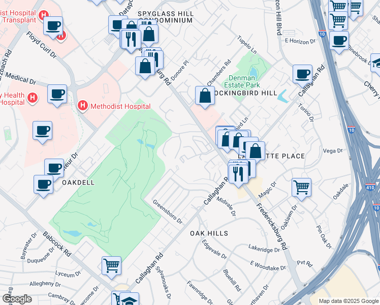 map of restaurants, bars, coffee shops, grocery stores, and more near 5315 Fredericksburg Road in San Antonio