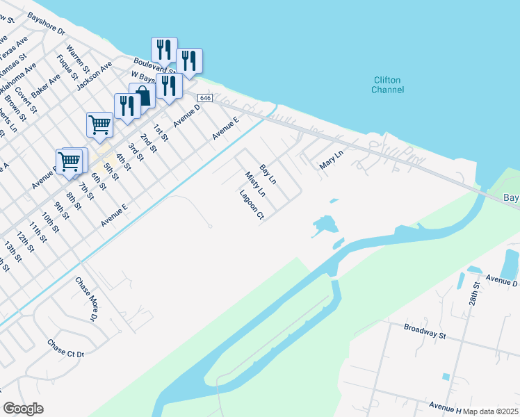 map of restaurants, bars, coffee shops, grocery stores, and more near 5203 Misty Lane in Bacliff