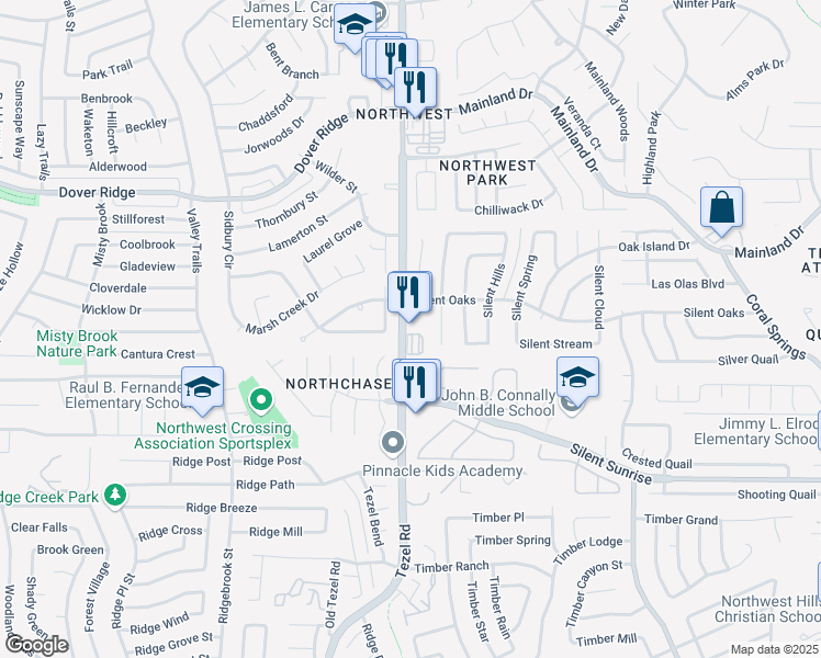 map of restaurants, bars, coffee shops, grocery stores, and more near 7399 Tezel Road in San Antonio