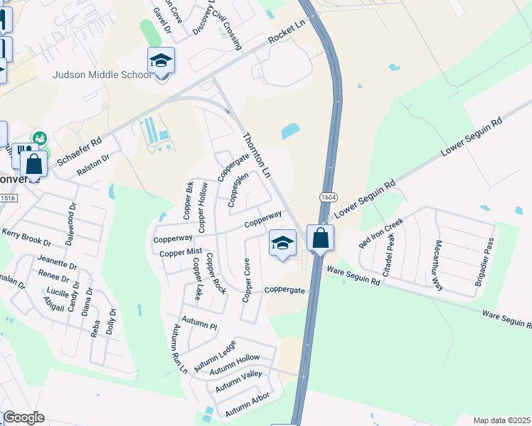 map of restaurants, bars, coffee shops, grocery stores, and more near 9807 Coppercreek in Converse