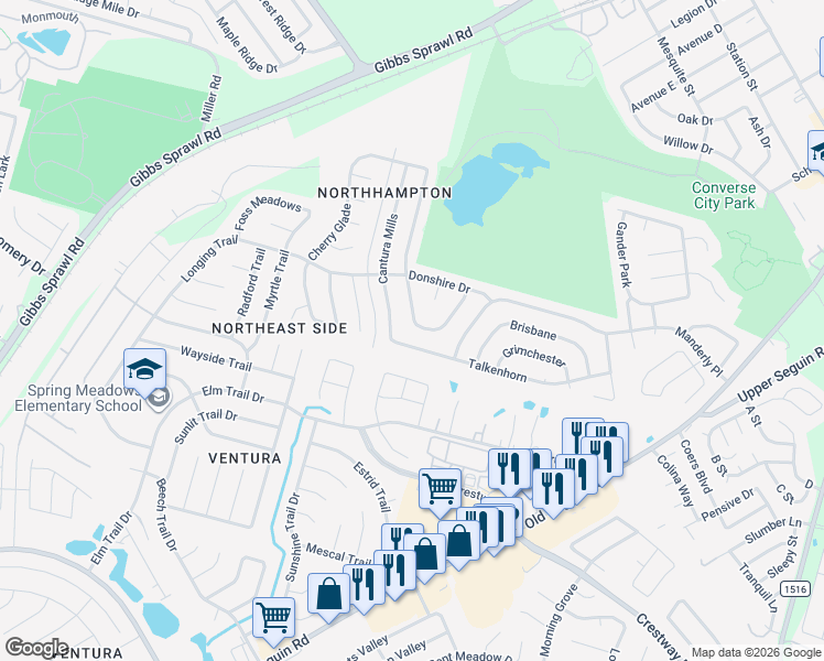 map of restaurants, bars, coffee shops, grocery stores, and more near 8006 Chestnut Manor Drive in Converse