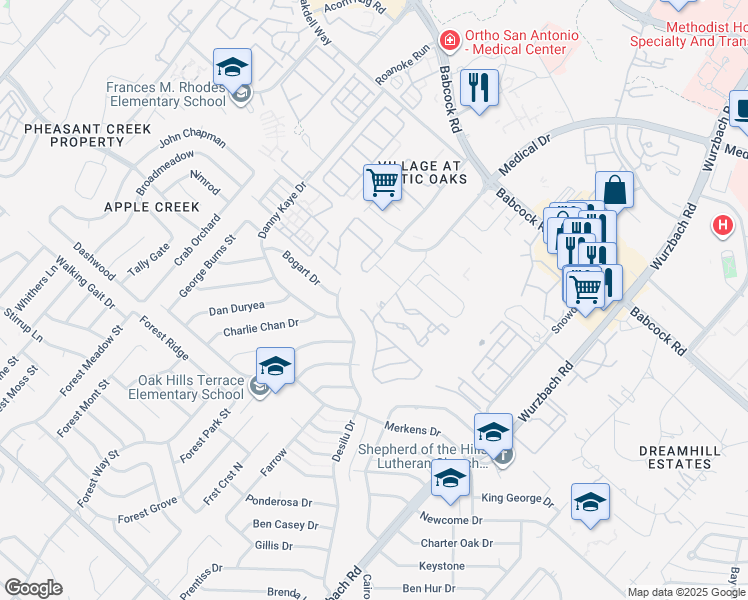 map of restaurants, bars, coffee shops, grocery stores, and more near 5455 Rowley Road in San Antonio