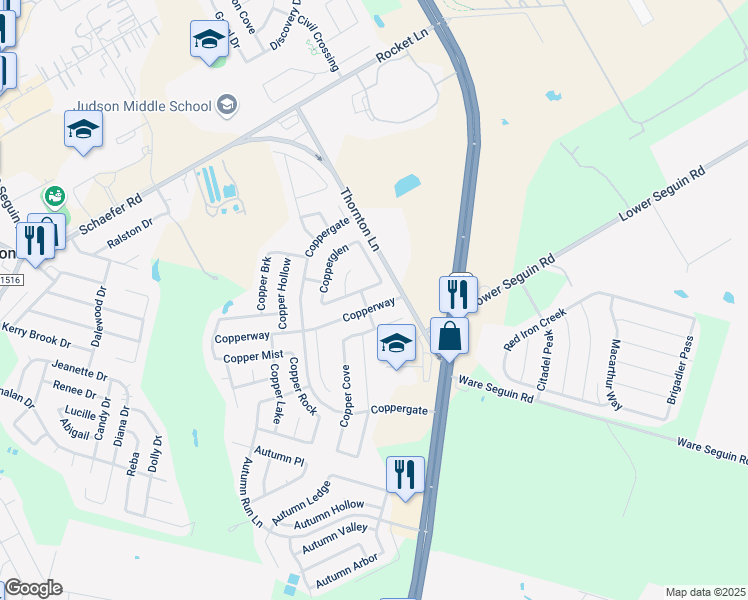 map of restaurants, bars, coffee shops, grocery stores, and more near 9807 Coppercreek in Converse