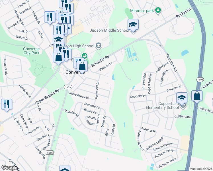 map of restaurants, bars, coffee shops, grocery stores, and more near 302 Castle Court in Converse