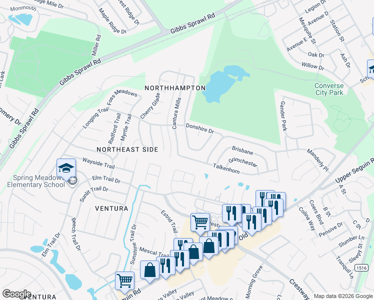 map of restaurants, bars, coffee shops, grocery stores, and more near 8006 Chestnut Manor Drive in Converse