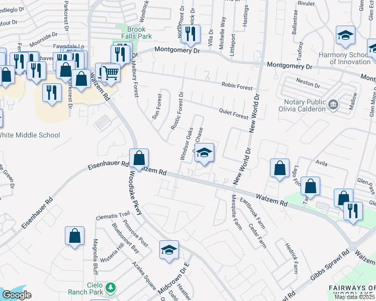 map of restaurants, bars, coffee shops, grocery stores, and more near 7555 Windsor Oaks in San Antonio