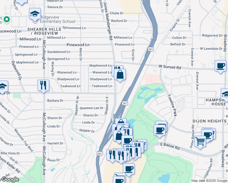 map of restaurants, bars, coffee shops, grocery stores, and more near 350 Teakwood Lane in San Antonio