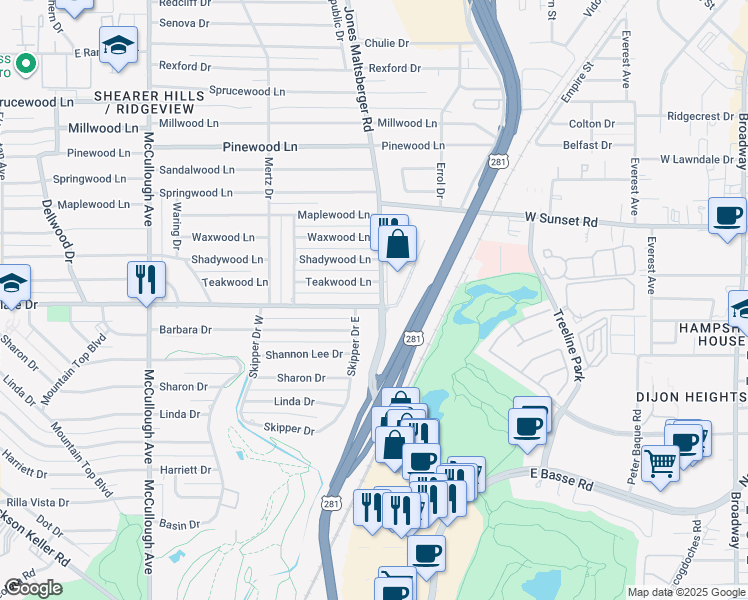 map of restaurants, bars, coffee shops, grocery stores, and more near 350 Teakwood Lane in San Antonio