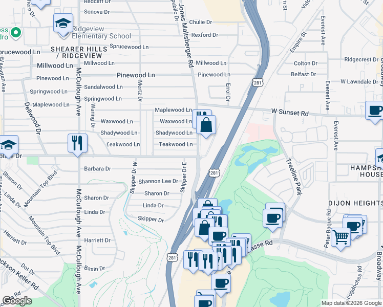 map of restaurants, bars, coffee shops, grocery stores, and more near 350 Teakwood Lane in San Antonio