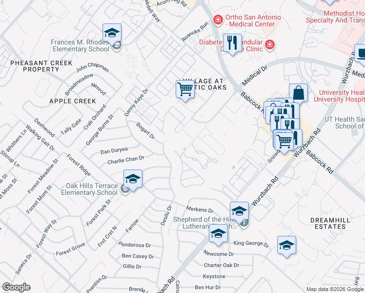 map of restaurants, bars, coffee shops, grocery stores, and more near 5455 Rowley Road in San Antonio