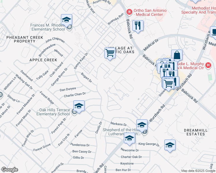 map of restaurants, bars, coffee shops, grocery stores, and more near 5455 Rowley Road in San Antonio