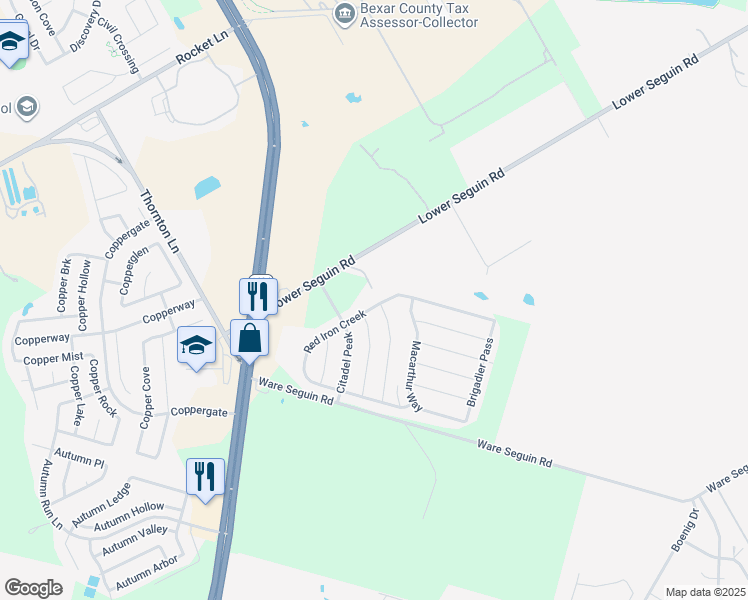 map of restaurants, bars, coffee shops, grocery stores, and more near 10007 Red Iron Creek in Converse