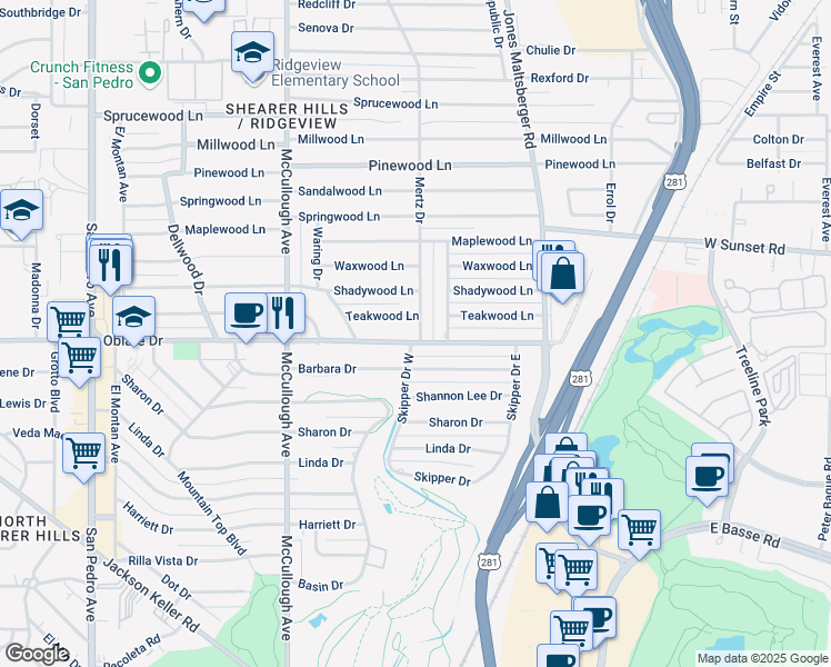 map of restaurants, bars, coffee shops, grocery stores, and more near 142 Teakwood Lane in San Antonio