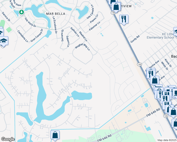map of restaurants, bars, coffee shops, grocery stores, and more near 3965 Pebble Brook Drive in League City