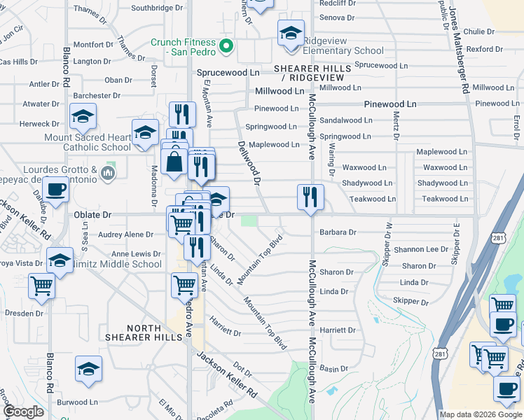 map of restaurants, bars, coffee shops, grocery stores, and more near 206 Meadowood Lane in San Antonio